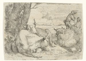 Drie koeien en twee herders door Jan van Ossenbeeck