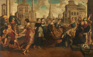 Salomo en de koningin van Sheba door Jan van Scorel (circle of)