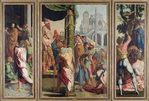 De preek, arrestatie en martelaarschap van St. Jacobus de Meerdere, van het Polyptiek van St. Stefanus en St. Jacobus de Meerdere, c.1541
