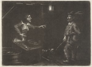 Nachtgezicht met visverkoopster en een urinerende man door Jan van Somer