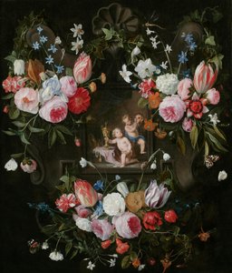 Een Cartouche Stilleven van Bloemen Rondom een Allegorisch Beeld van Putti met Kostbare Objecten en een Masker, 1648 door Jan van and Balen, Hendrik van Kessel