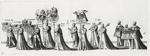 Keizerlijke wapens bij de begrafenisstoet van keizer Karel V, 1559 door Jan van and Doetechum Doetechum the elder