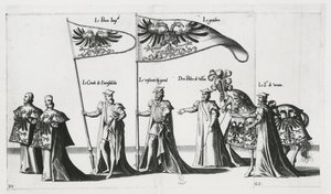 Keizerlijke banier bij de begrafenisstoet van keizer Karel V door Jan van and Doetechum Lucas van and Bol Hans Doetechum the elder