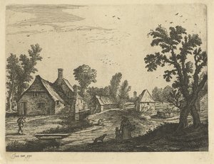 Dorpsgezicht met vrouw en kind in de dorpsstraat door Jan van de Cappelle (attributed to)