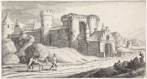 Boer met een paard op een weg langs een kasteel door Jan van de Velde (II)