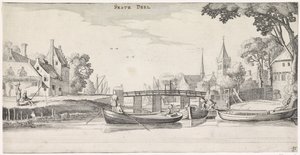 Boten bij een aanlegsteiger in een dorp door Jan van de Velde (II)