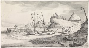 Boten op een rivieroever door Jan van de Velde (II)