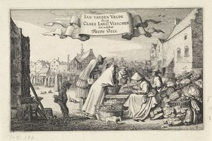 Figuren bij een groentekraam op een markt door Jan van de Velde (II)