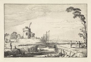 Figuren bij een haven en een toren door Jan van de Velde (II)