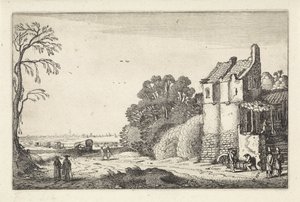 Figuren bij een huis en huifkarren op een landweg door Jan van de Velde (II)