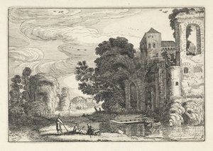 Figuren bij een kasteel bij een rivier Landschappen (series title) Amenissimae aliquot requculae (series title) door Jan van de Velde (II)