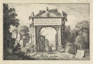 Figuren bij een poort in een landschap door Jan van de Velde (II)