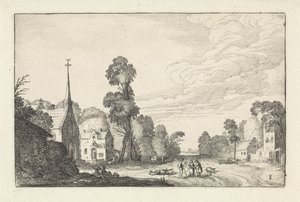 Figuren en vee in een dorp met een kerk door Jan van de Velde (II)