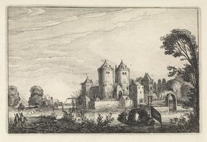 Figuren in een plezierboot bij een kasteel door Jan van de Velde (II)