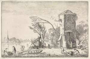 Figuren in een winterlandschap met een toren door Jan van de Velde (II)