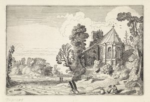 Figuren op een landweg bij een kerkruïne