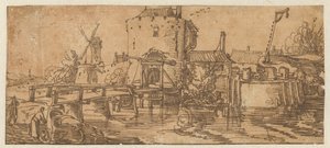Gezicht op een stad (Culemborg?) met een brug voor een poort door Jan van de Velde (II)