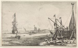 Havenhoofd met vissers die hun netten binnenhalen door Jan van de Velde (II)