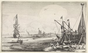 Havenhoofd met vissers die hun netten binnenhalen door Jan van de Velde (II)