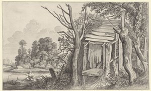 Hengelaar bij een vervallen hut in een landschap
