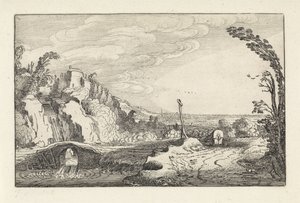 Huifkar op een pad in een bergachtig rivierlandschap