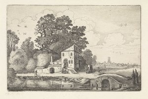 Huis bij een stenen brug in een rivierlandschap door Jan van de Velde (II)