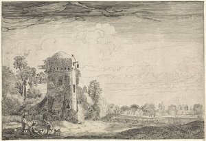 Jagers met honden bij een toren in een landschap door Jan van de Velde (II)