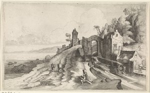 Kustlandschap met een watermolen Zeegezichten (series title) door Jan van de Velde (II)