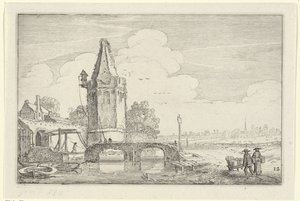 Landschap met een toren en een brug over rivier de Niers door Jan van de Velde (II)