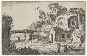 Landschap met oude burcht door Jan van de Velde (II)