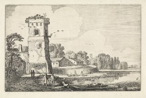 Pont met schapen bij een toren in een rivierlandschap door Jan van de Velde (II)
