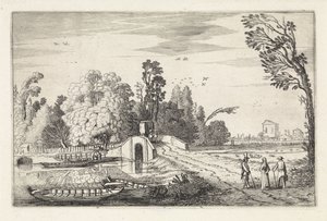 Rivierlandschap met een stenen brug (Landschappen, Amenissimae aliquot requculae) door Jan van de Velde (II)
