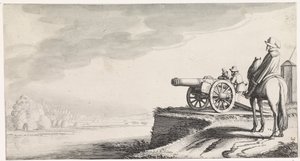 Ruiter en twee soldaten bij een kanon op een rivieroever Playsante lantschappen ende vermakelycke gesichten (series title) door Jan van de Velde (II)
