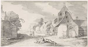 Rustende boeren langs een weg in een dorp door Jan van de Velde (II)
