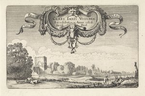 Rustende figuren in een landschap met koeien en een toren