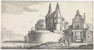 Soldaten bij een fort en een stadspoort aan een rivier door Jan van de Velde (II)