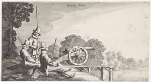 Soldaten bij een kanon op een steiger aan een rivier door Jan van de Velde (II)