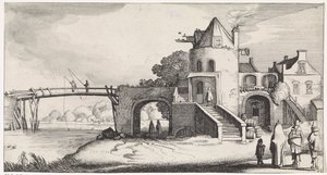 Tolhuis met houten brug over de rivier door Jan van de Velde (II)