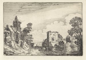 Toren en een kerk in een landschap (Amenissimae aliquot requculae, Landschappen) door Jan van de Velde (II)