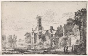 Twee monniken bij een abdij in een rivierlandschap (Rivierlandschappen) door Jan van de Velde (II)