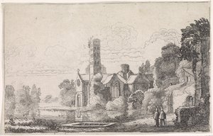 Twee monniken bij een abdij in een rivierlandschap door Jan van de Velde (II)