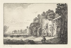 Vrouw met kind bij een ruïne van een huis (Landschappen / Amenissimae aliquot requculae) door Jan van de Velde (II)