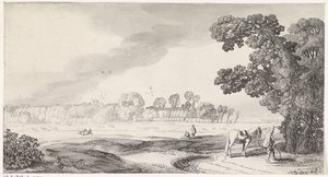 Weidelandschap met plassende man door Jan van de Velde (II)