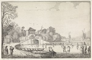 Winterlandschap met schaatsers bij een brug door Jan van de Velde (II)