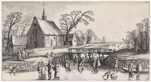 Winterlandschap met schaatsers bij een dorp door Jan van de Velde (II)