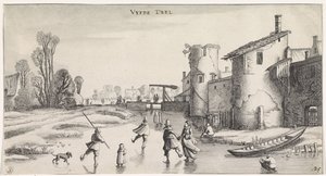 Winterlandschap met schaatsers bij een stadsmuur door Jan van de Velde (II)