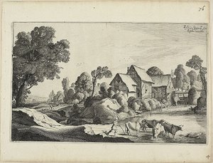 Kudde vee bij een watermolen door Jan van de Velde II