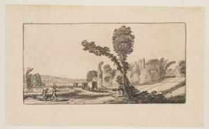 Landschap met jagers en hooiwagens, uit Zes landschappen door Jan van de Velde II