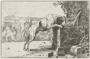 Hond bij een fontein door Jan van den Hecke