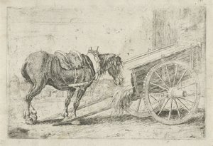 Paard bij een kar door Jan van den Hecke